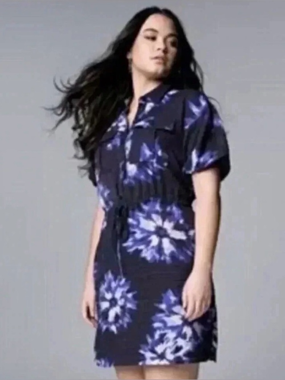 Simply Vera Vera Wang Navy Blue and White Floral Button-Front Shirt Dress